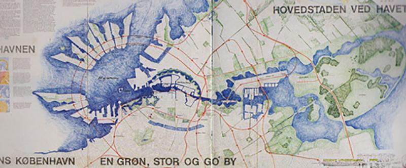 Gammel skitseplan for udbygning af nyt byområde i Københavns havn